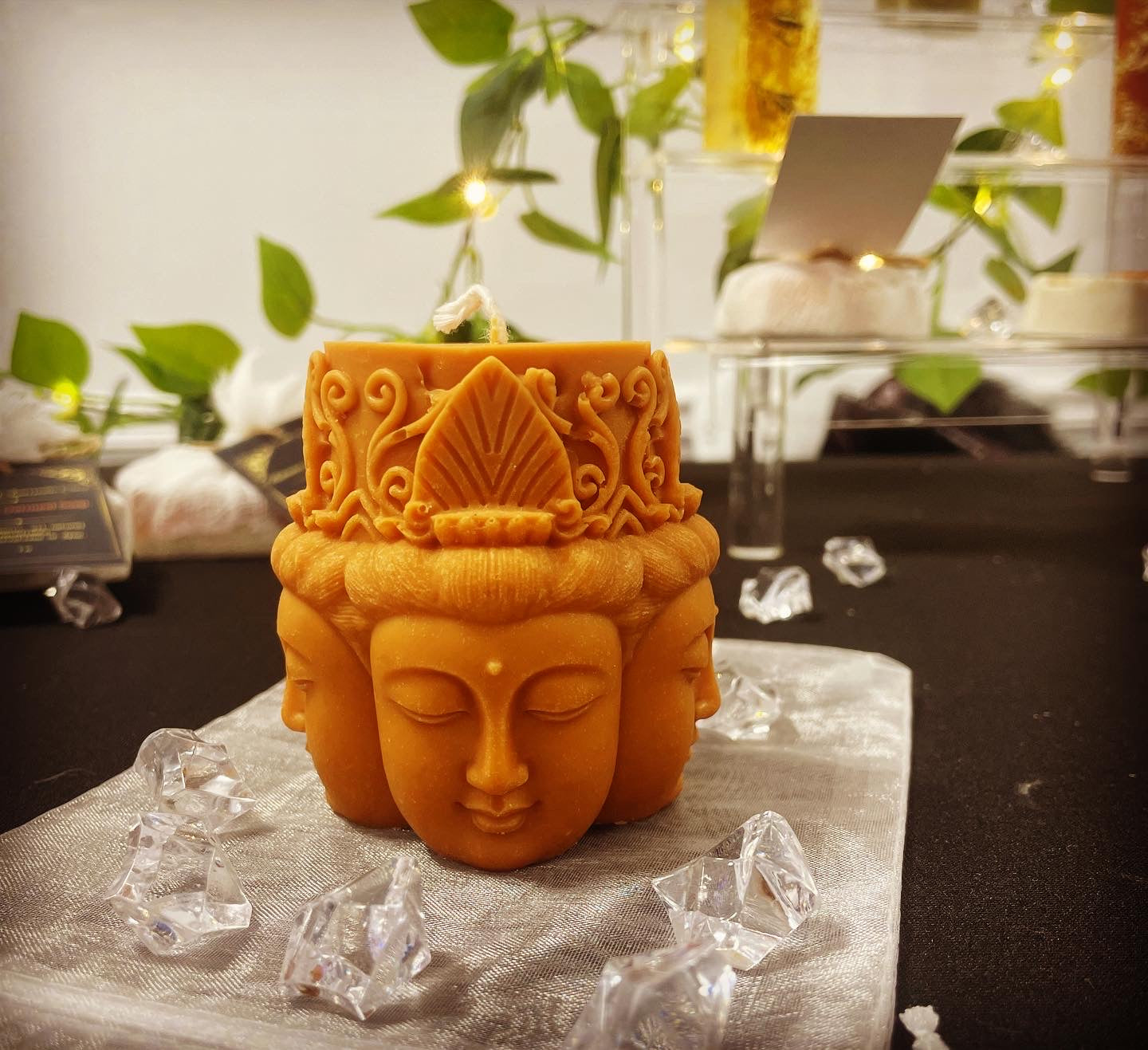 Nag Champa scented Buddha decorative candle, golden decorative plate included.